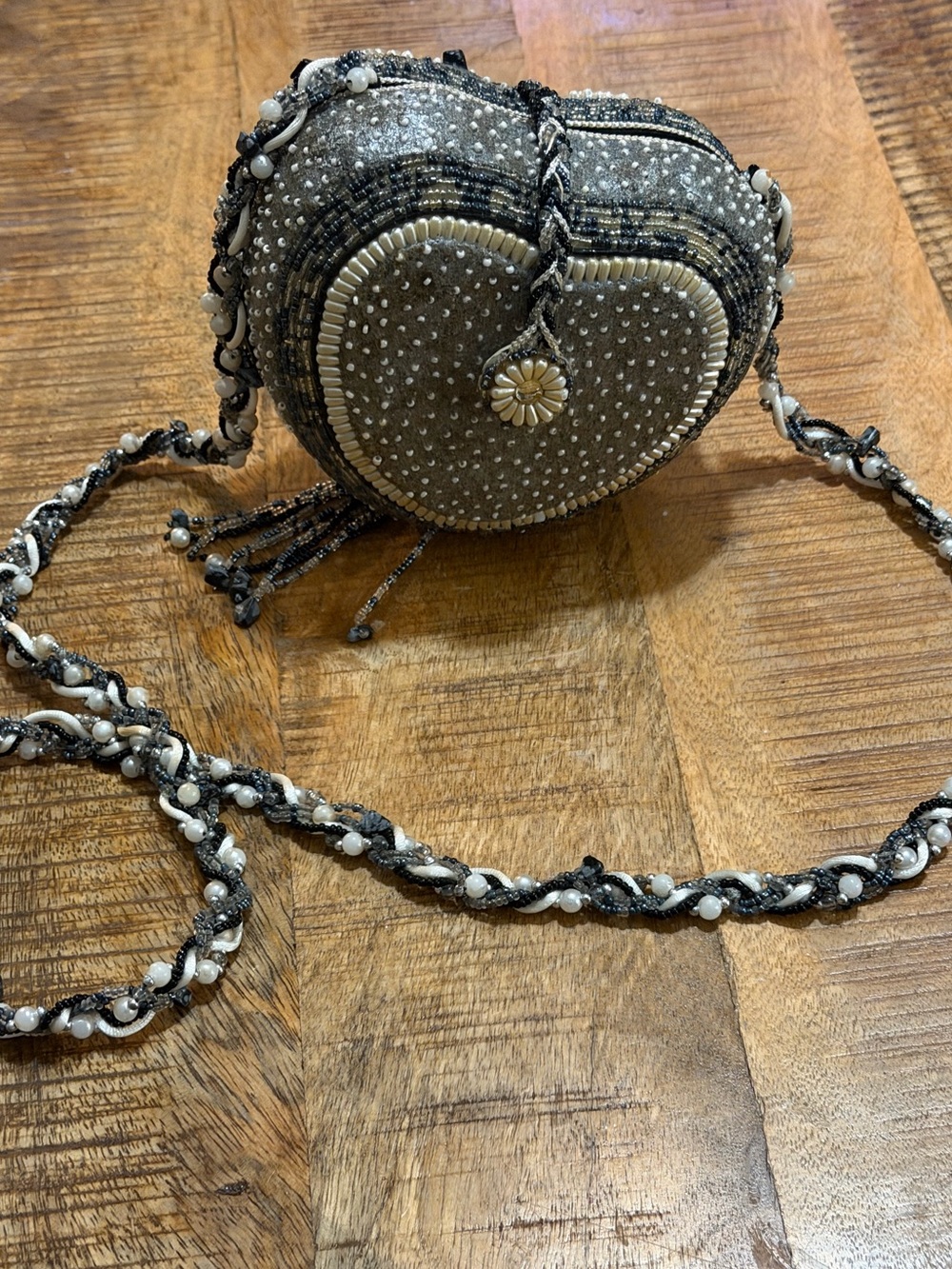 Mary Frances Heart Shaped Beaded Crossbody Shoulder Bag Gray Black Ivory Boho
